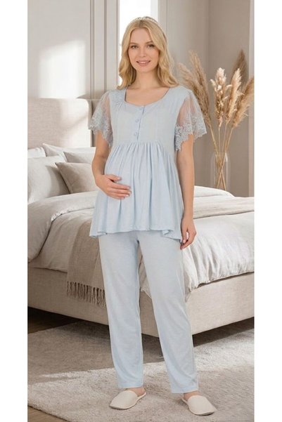 Pelin Women's Long Dressing Gown with Lace Detail, Maternity 3-Piece Pajama Set