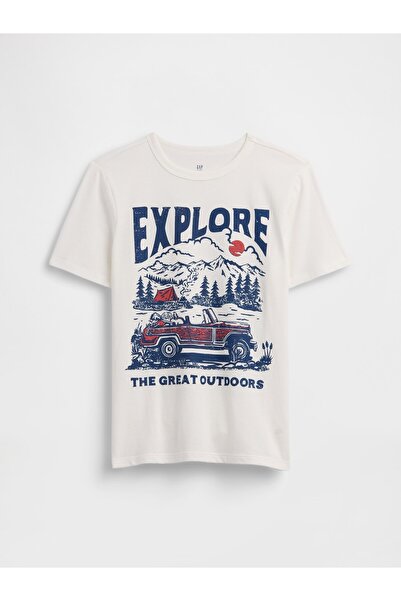 GAP Erkek Çocuk Beyaz Grafik Baskılı T-Shirt