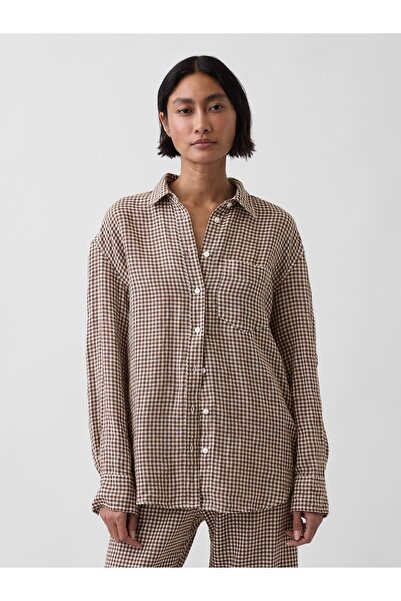 GAP Kadın Kahverengi 100% Keten Oversize Gömlek