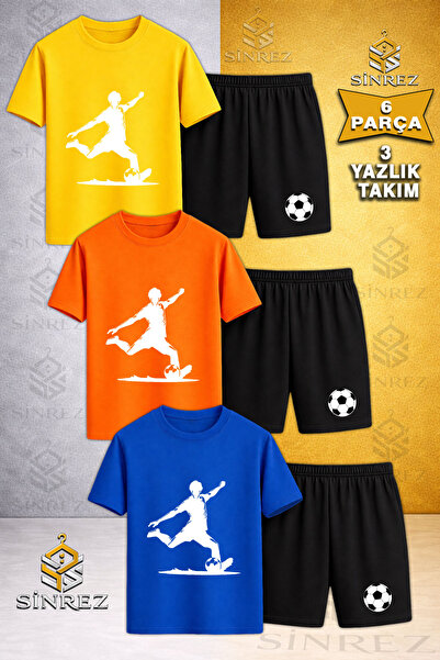SİNREZ Çocuk FUTBOLCU SUT ATAN BEYAZ Baskılı Bisiklet Yaka 3 Lü Tişört - Şort...