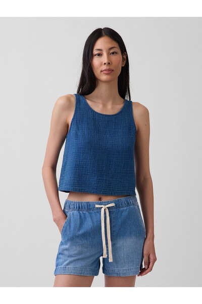 GAP Kadın Mavi Pamuk Gauze Denim Shell Askılı Üst