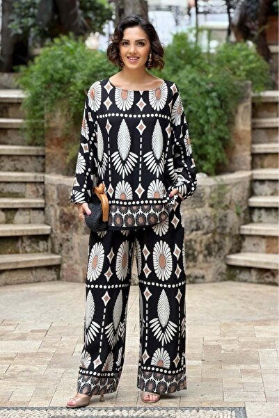 Nevin Kaya Moda Μαύρο Σετ Παντελόνι και Μπλούζα με Αυθεντικό Σχέδιο