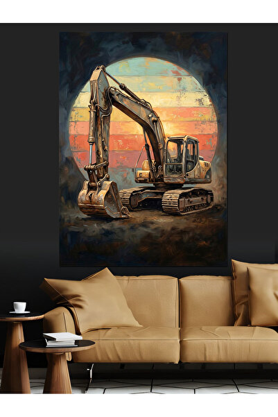 Artmeg Excavator galben care lucrează la apusul soarelui, tablou decorativ di...