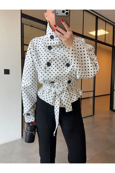 VESS MODA Λεπτομέρεια με πουά Viral ZR Model Κοντή καμπαρντίνα με ζώνη Λευκή