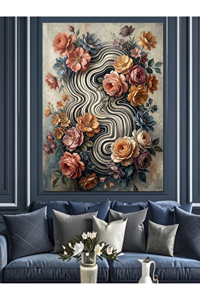 Artmeg Abstract Linear Pattern among Roses Decorative Canvas - Mdf Wood Painting