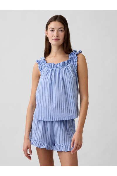 GAP Kadın Mavi Fırfırlı Poplin Pijama Üst