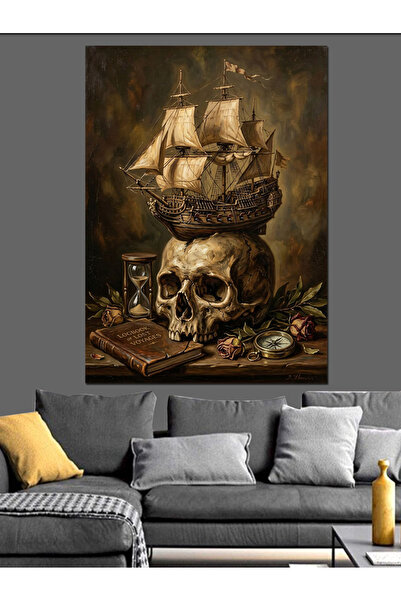 Artmeg Pânză decorativă cu artă marină cu nave cu pânze pe craniu - Tablou di...