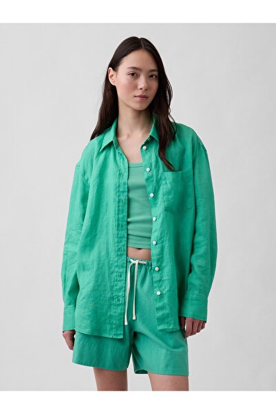 GAP Kadın Açık Yeşil 100% Keten Oversize Gömlek