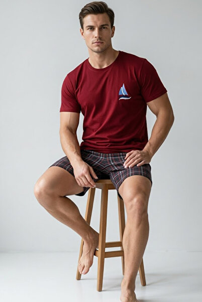 Siyah İnci μπορντό Καρό Πλεκτό Σετ Πιτζάμες με Στάμπα και Κοντομάνικο Σορτς 8007