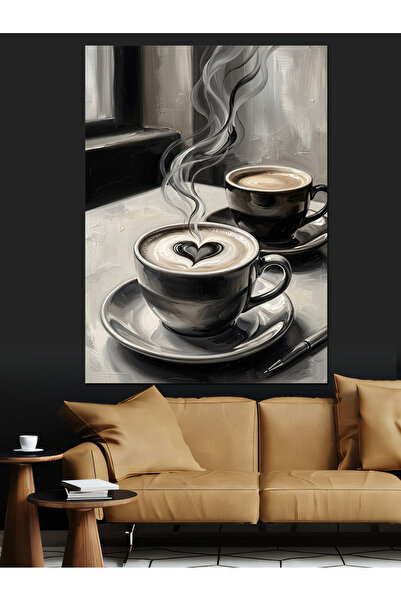 Artmeg Pânză decorativă cu două căni de cafea alb-negru - Tablou din lemn MDF