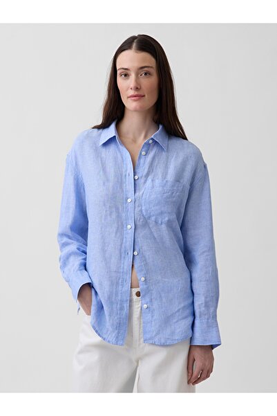 GAP Kadın Açık Mavi 100% Keten Oversize Gömlek