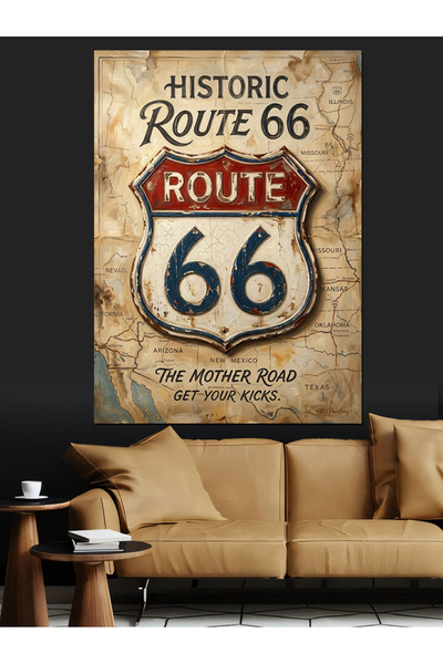Tablo Mega Route 66 Nostaljik Yol Tabelası Dekoratif Kanvas - Mdf Ahşap Tablo