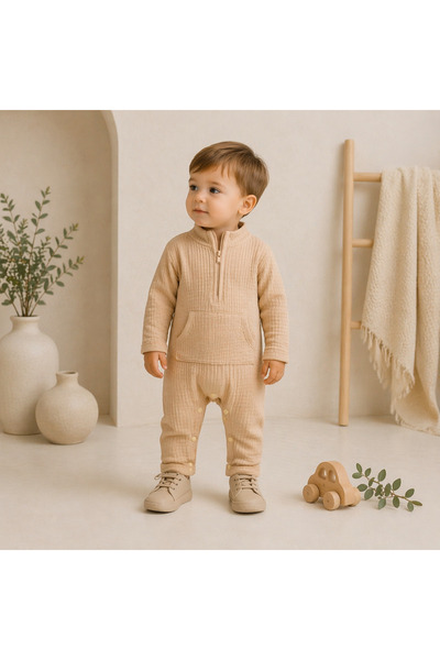 Bebelul Μπεζ βαμβακερό βρεφικό αγορίστικο ολόσωμο φορμάκι με φερμουάρ Μουράτ
