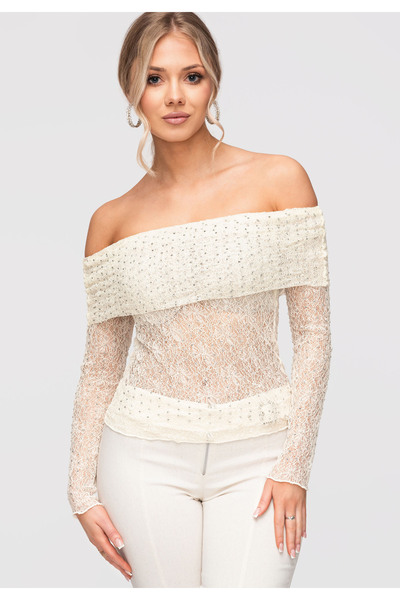 OMBRE Γυναικείο Μπλούζα με Δαντέλα & Ώμους OW-TS-E0038 Εκρού