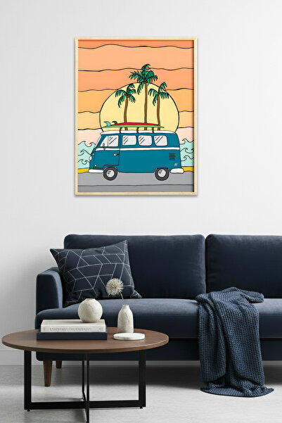 huhuli Tablou cu model tropical înrămat în lemn natural - Autobuz retro VW | ...