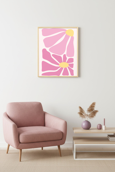 huhuli Tablou retro floral cu ramă din lemn natural - Model floral roz pastel...