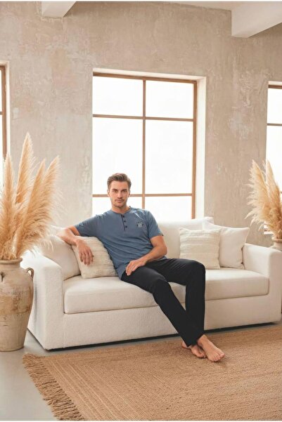Trendingsize Short Sleeve Lapel Button Detailed Cotton Men's Pajama Set