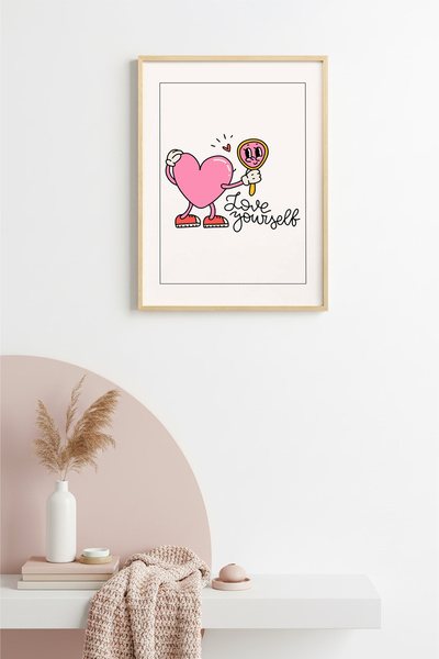 huhuli Tablou retro cu inimă înrămată în lemn natural - Self Love Pink |   hu...