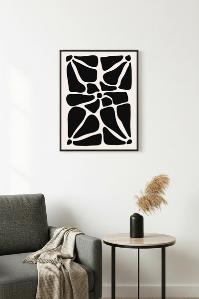 huhuli Tablou retro abstract cu flori, cu ramă din lemn natural - Alb-negru |...
