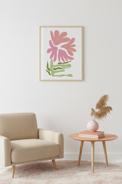huhuli Ρετρό ζωγραφική με φυσικό ξύλινο πλαίσιο - Ροζ και πράσινο βοτανικό σχ...