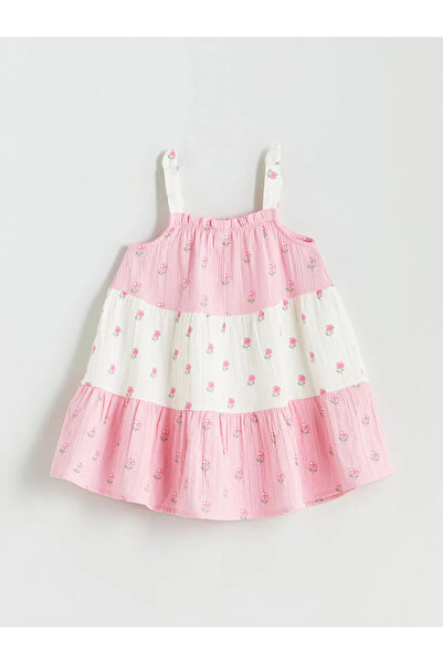 LC Waikiki LCW Παιδικό Φόρεμα Μουσελίνας με Μικτό Τετράγωνο Γιακά και Λουλούδ...