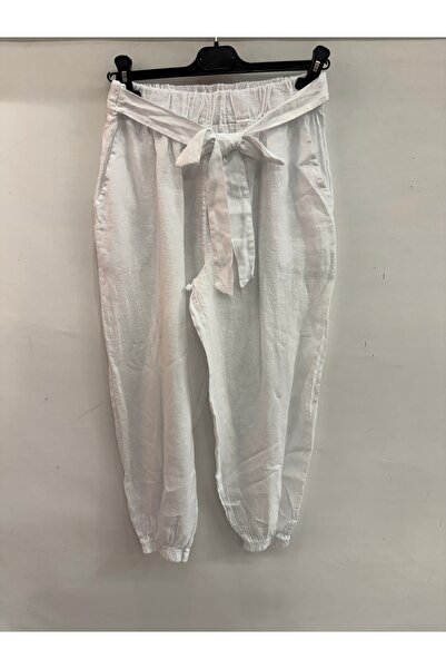 della moor Women's White Elastic Waist and Cuffs Carrot/Shalwar Style Linen T...