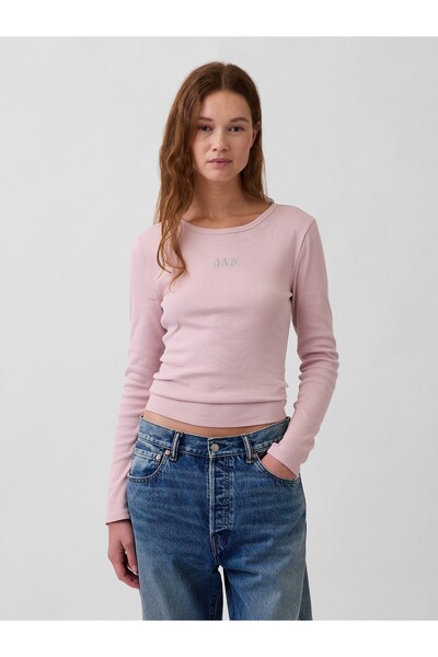 GAP Kadın Pembe Fitilli Crop Logo T-Shirt