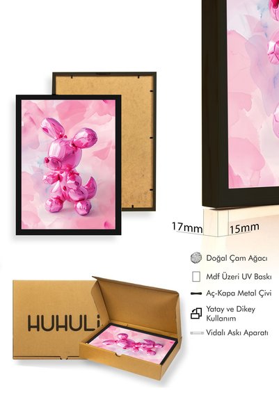 huhuli لوحة فنية عتيقة بإطار خشبي أسود - أرنب بوب آرت وردي |   huhu2640 - إطار طاولة فردي أسود اللون