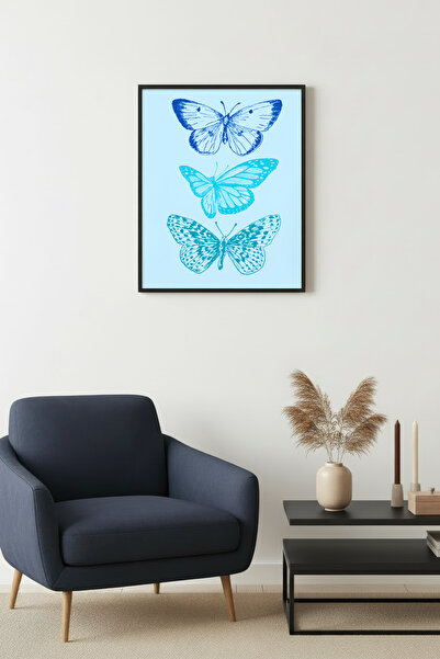 huhuli Ρετρό ζωγραφική με πεταλούδες με φυσικό ξύλινο πλαίσιο - Τέχνη με μπλε...