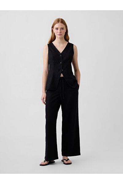 GAP Kadın Siyah Relaxed Keten Karışımı Wide-Leg Pantolon