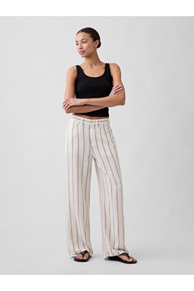 GAP Kadın Krem High Rise Keten Karışımı Wide-Leg Pantolon