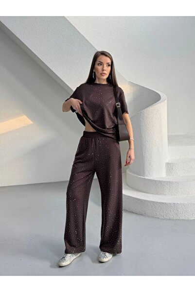 alenmoda Stoned T-Shirt Crew Neck Oysho Fabric Tracksuit Set