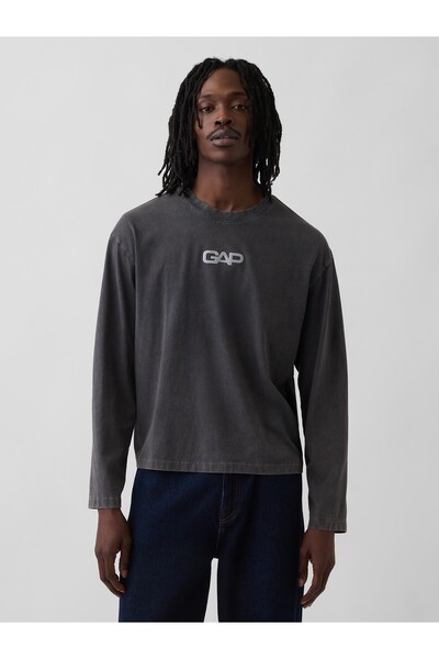 GAP Erkek Siyah Relaxed Logo Crop T-Shirt