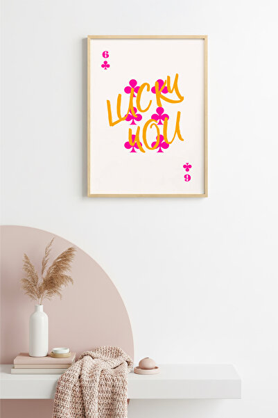 huhuli Tablou retro pop art cu ramă din lemn natural - roz și portocaliu Luck...