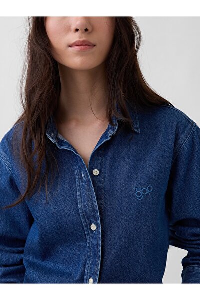 GAP Kadın Mavi UltraSoft Denim Logo Gömlek