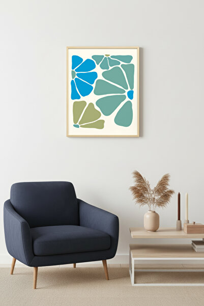 huhuli Ρετρό πίνακας με φυσικό ξύλινο πλαίσιο - Αφηρημένος γεωμετρικός μπλε π...