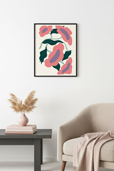 huhuli Ρετρό ζωγραφική με φλοράλ μοτίβα με φυσικό ξύλινο πλαίσιο - Ροζ πράσιν...