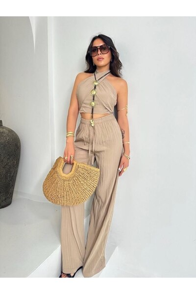 OEM Bej Halter Yaka Crop Bluz ve Bol Paça Pantolon Takım