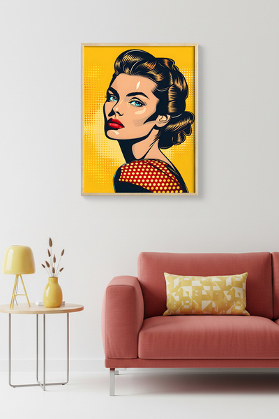 huhuli Πίνακας πορτρέτου με φυσικό ξύλινο πλαίσιο - Στυλ Pop Art - Ζωηρό κίτρ...