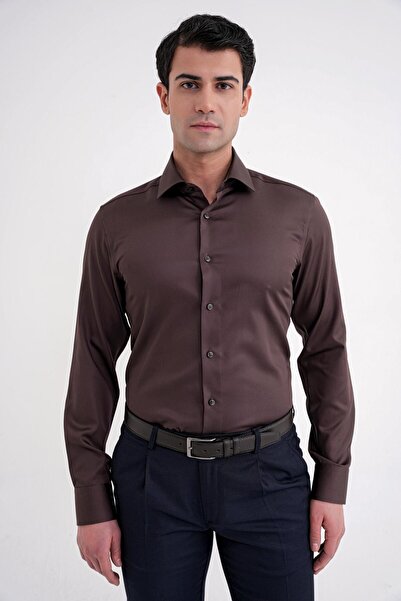 Efor Erkek Slim Fit %100 Pamuk Non Iron Kumaş Kahverengi Gömlek Gk 734