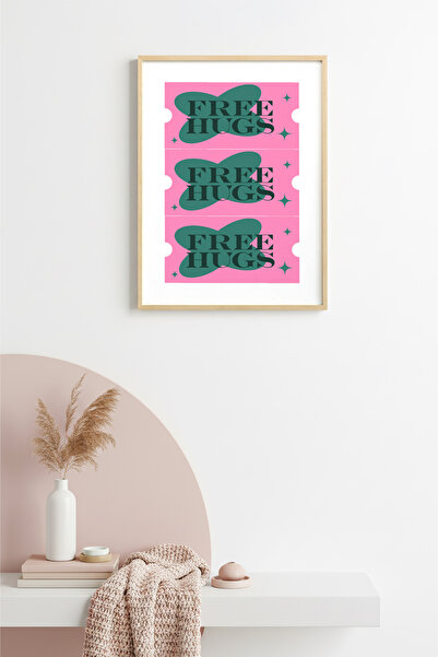 huhuli Ρετρό πίνακας με φυσικό ξύλινο πλαίσιο - Πράσινο Ροζ Free Hugs |   huh...