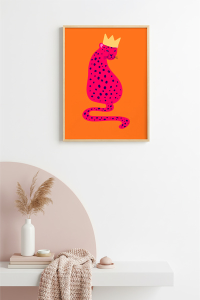 huhuli Πίνακας Pop Art Leopard Queen με φυσικό ξύλινο πλαίσιο - Ροζ αποχρώσει...