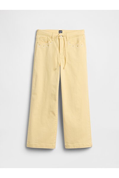 GAP Kız Çocuk Sarı High Rise İşlemeli İpli Wide-Leg Jean Pantolon
