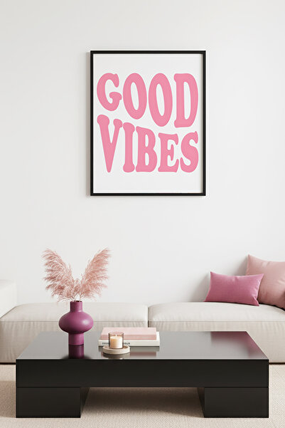 huhuli Ρετρό πίνακας με φυσικό ξύλινο πλαίσιο - Σχέδιο με ροζ κείμενο Good Vi...