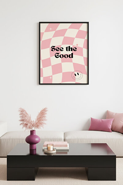 huhuli Τραπέζι με ρετρό τυπογραφία με φυσικό ξύλινο πλαίσιο - Ροζ καρό με θετ...