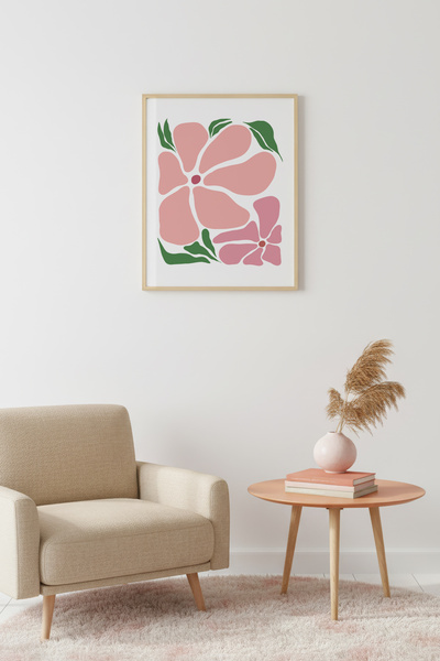 huhuli Ρετρό ζωγραφική με φυσικό ξύλινο πλαίσιο - Ροζ και πράσινο βοτανικό σχ...