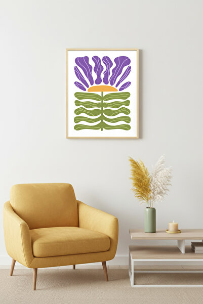 huhuli Tablou retro abstract cu ramă din lemn natural - Model botanic cu flor...