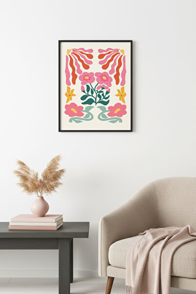 huhuli Ρετρό ζωγραφική με φυσικό ξύλινο πλαίσιο - Φλοράλ σχέδιο σε ροζ αποχρώ...