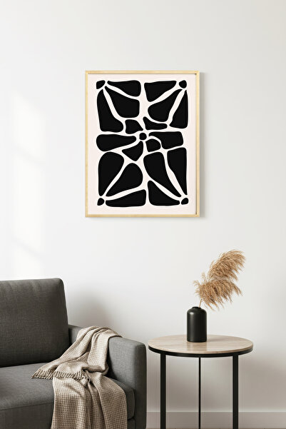 huhuli Tablou abstract retro cu ramă din lemn natural - Model floral alb-negr...