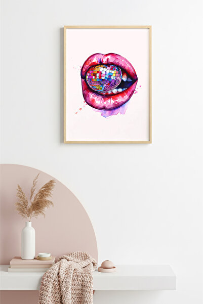 huhuli Ρετρό πίνακας με σχέδιο χειλιών σε στυλ ποπ αρτ με φυσικό ξύλινο πλαίσ...